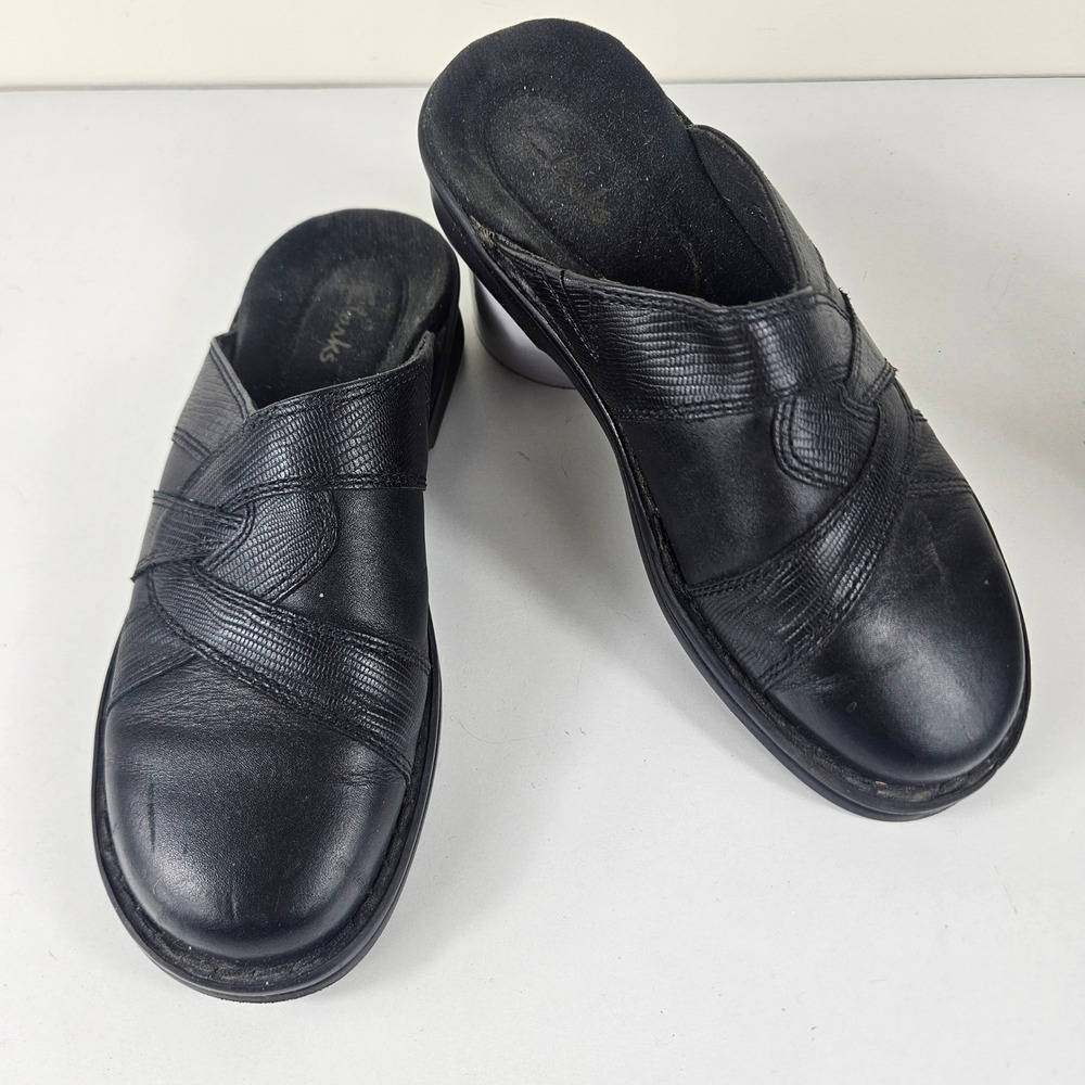 Clarks Mens 6M W7.5 Vintage Mules Textured Crossover Slip On Wedge Black Leather